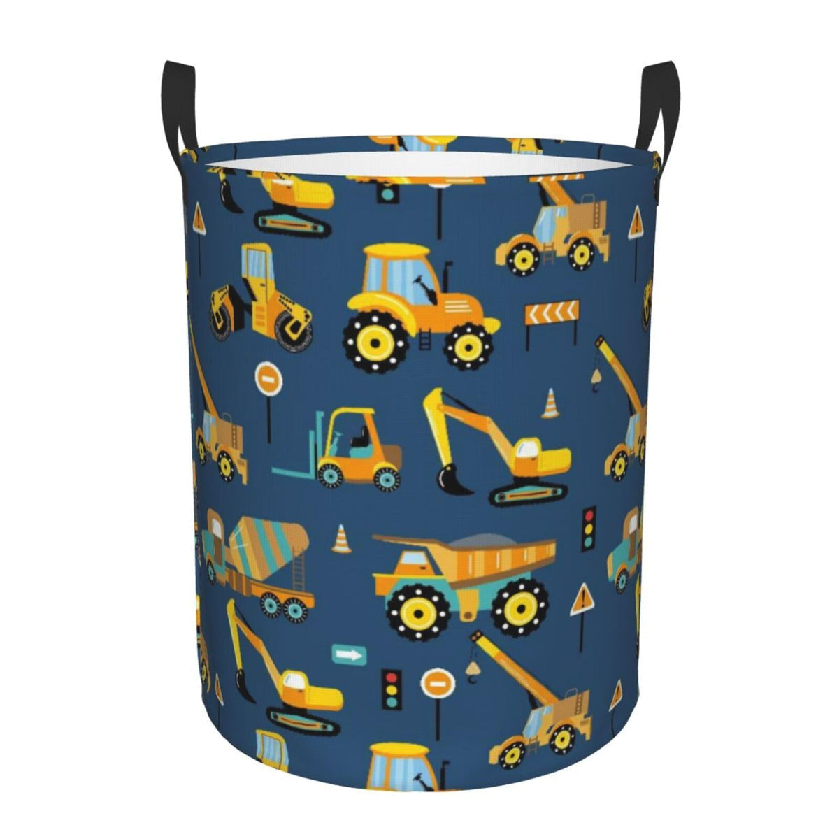Yellow Construction Trucks Large Laundry Basket,Collapsible Laundry Hamper With Handle Room Decor,Round Waterproof Dirty Clothes