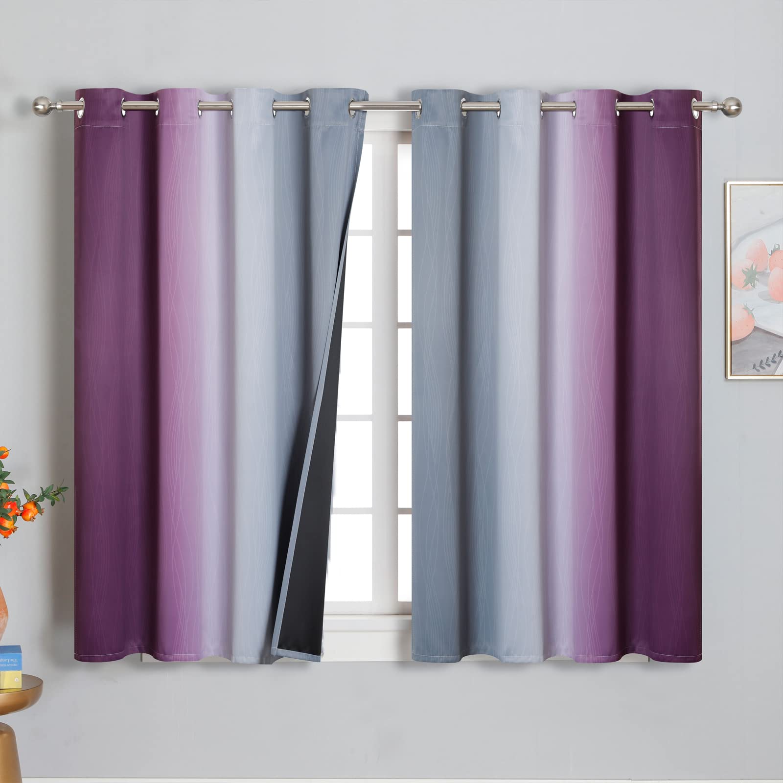 Purple And Grey Blackout Curtains 54 Inches Long,Ombre And Wavy Line Pattern 100% Blackout Curtains For Bedroom,Full Light Block