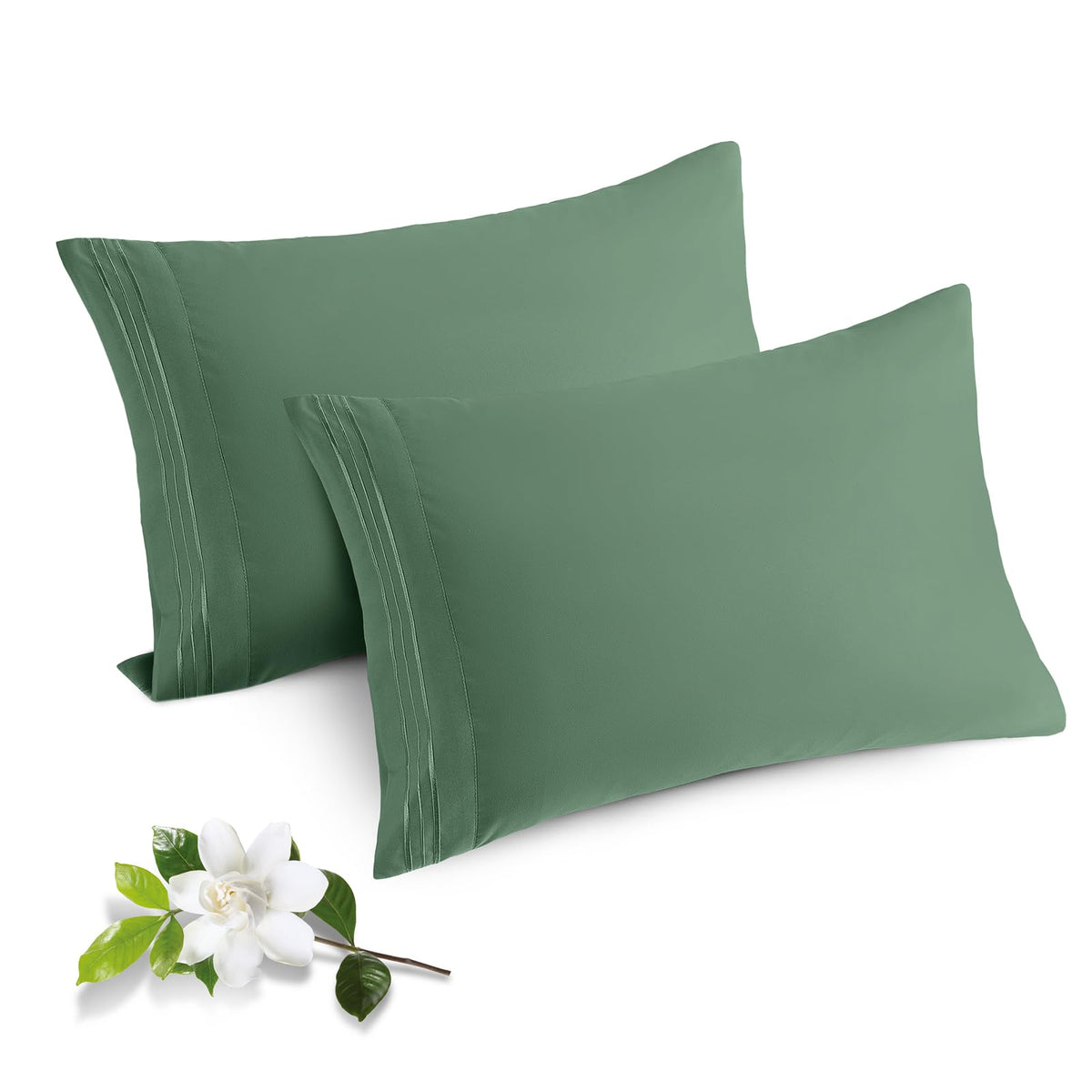 Horbaunal 2 Pack Microfiber Pillowcases Standard Size Green Bed Pillow Cases With Envelope Closure, 1800 Thread Count Soft & Shr