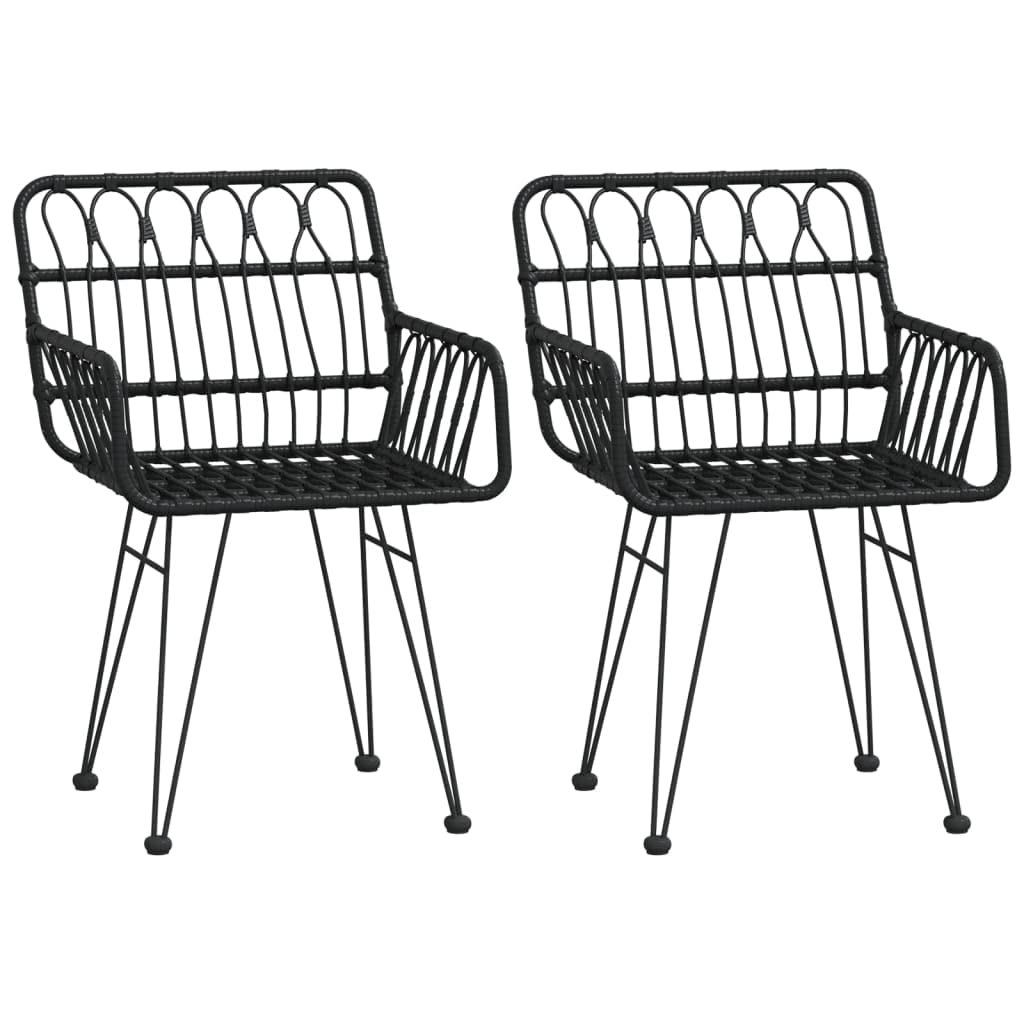 vidaXL Rattan Dining Chairs 2 Pcs - Black Patio Chairs with Armrest, Steel Frame PE Rattan, 22x25.2x31.5in - Garden, Balcony, and Patio Seating