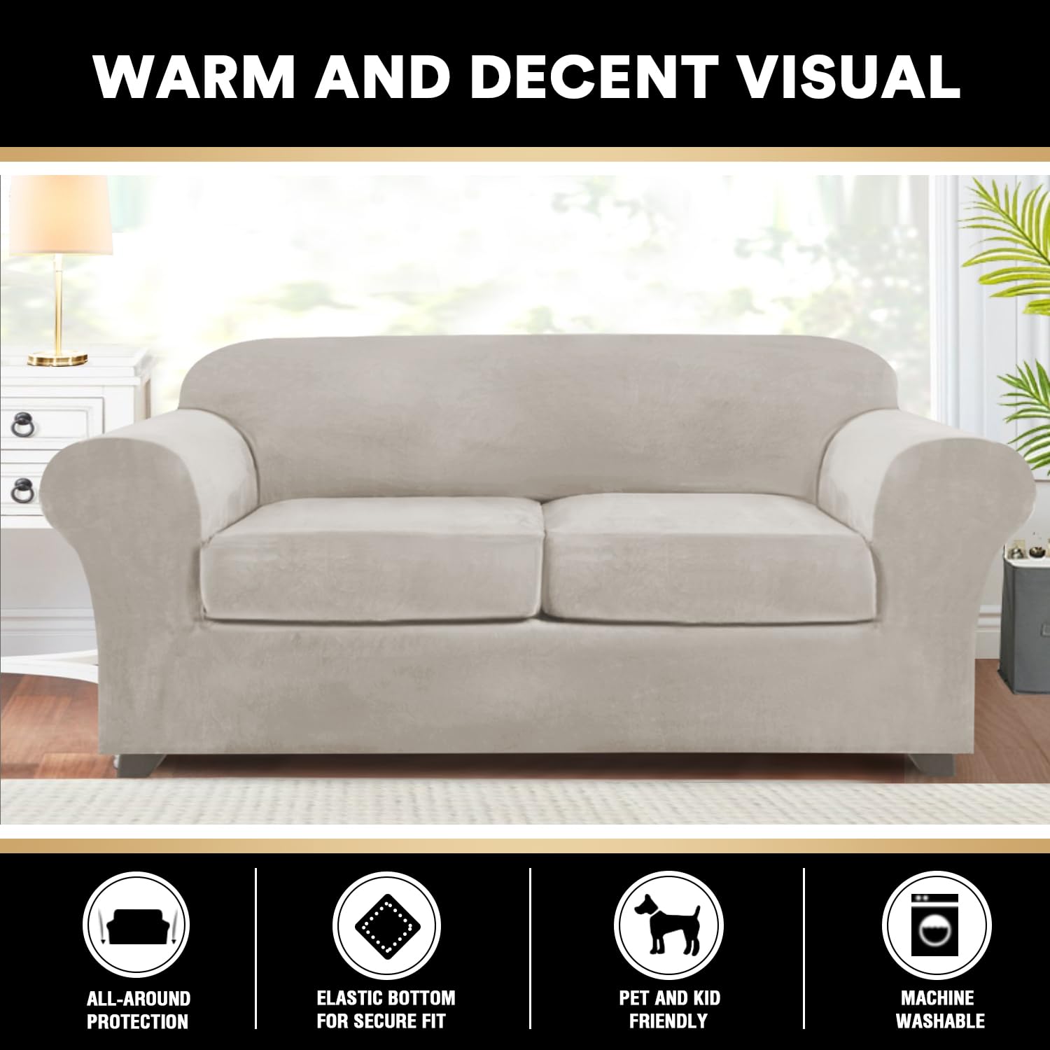 Princedeco 3 Pieces Sofa Covers Velvet Couch Covers For 2 Cushion Sofa Soft Sofa Covers For 2 Cushion Couch Width Up To 90 Inch Feature Thick Soft Stay In Place(Medium-Large, Oatmeal)