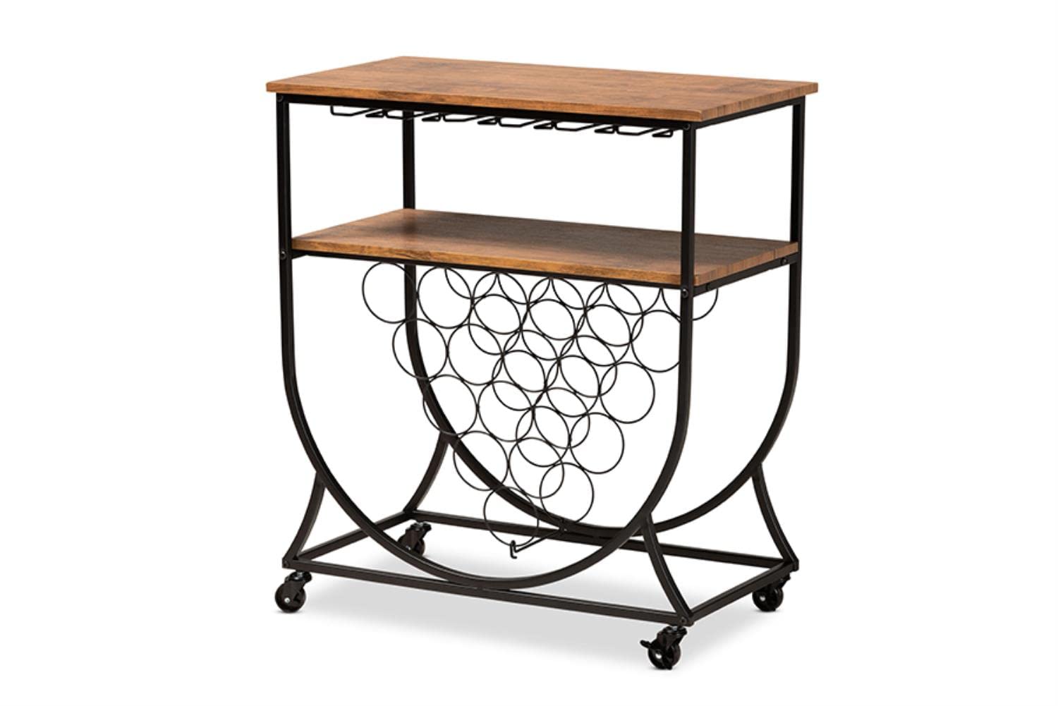 Baxton Studio Dania Antique Vintage Industrial Black Metal and Walnut Finished Wood Mobile Wine Bar Cart