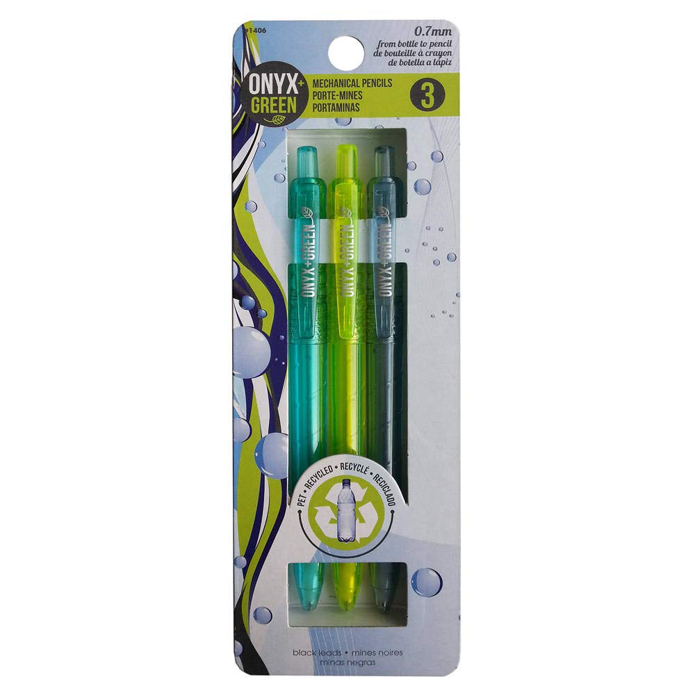 Onyx And Green 3-Pack Mechanical Pencils, Recycled Pet, 0.7 Mm, 3 Spare Leads (1406)