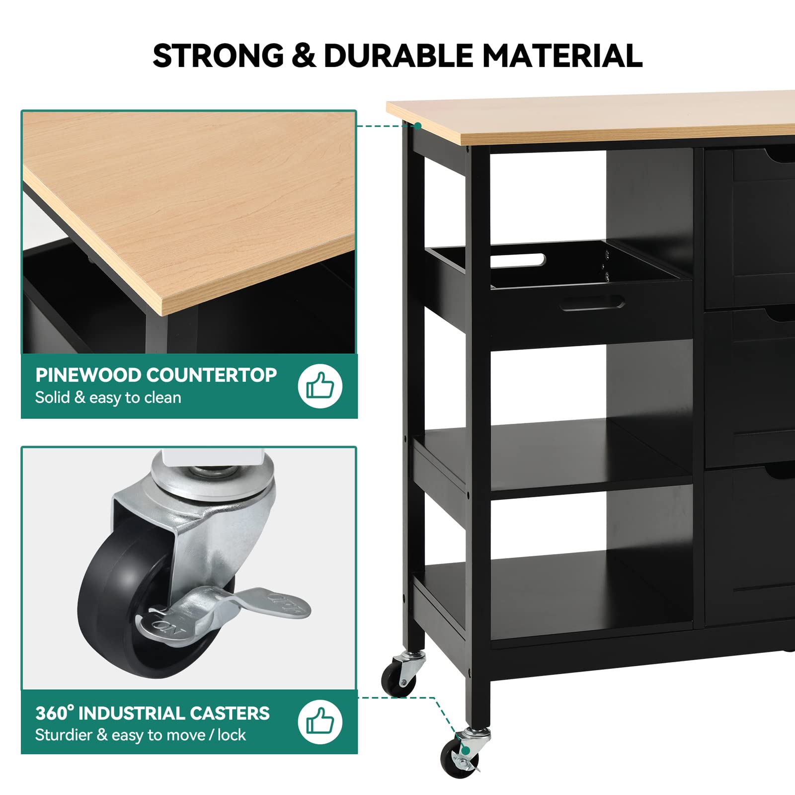 Yitahome Kitchen Island With Storage, Kitchen Cart For Home, Rolling Serving Utility Trolley Cart On Wheel With 3 Drawers And 3 Storage Shelves, Kitchen Serving Cart For Dining Room, Bar, Black