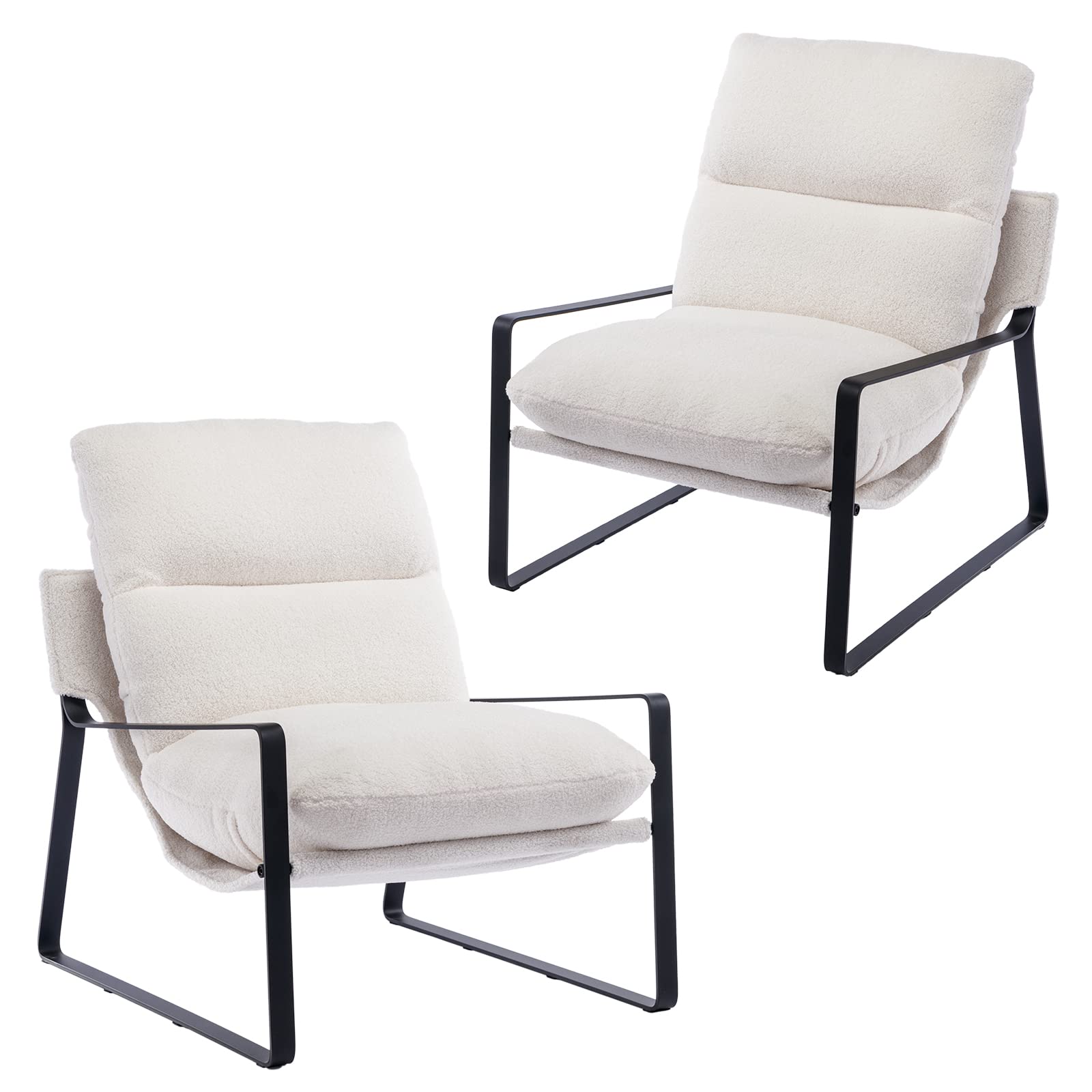 Duomay Modern White Sherpa Accent Chair Set Of 2, Comfy Lounge Lazy Chair With Metal Leg, Mid-Century Corner Arm Chair For Livin