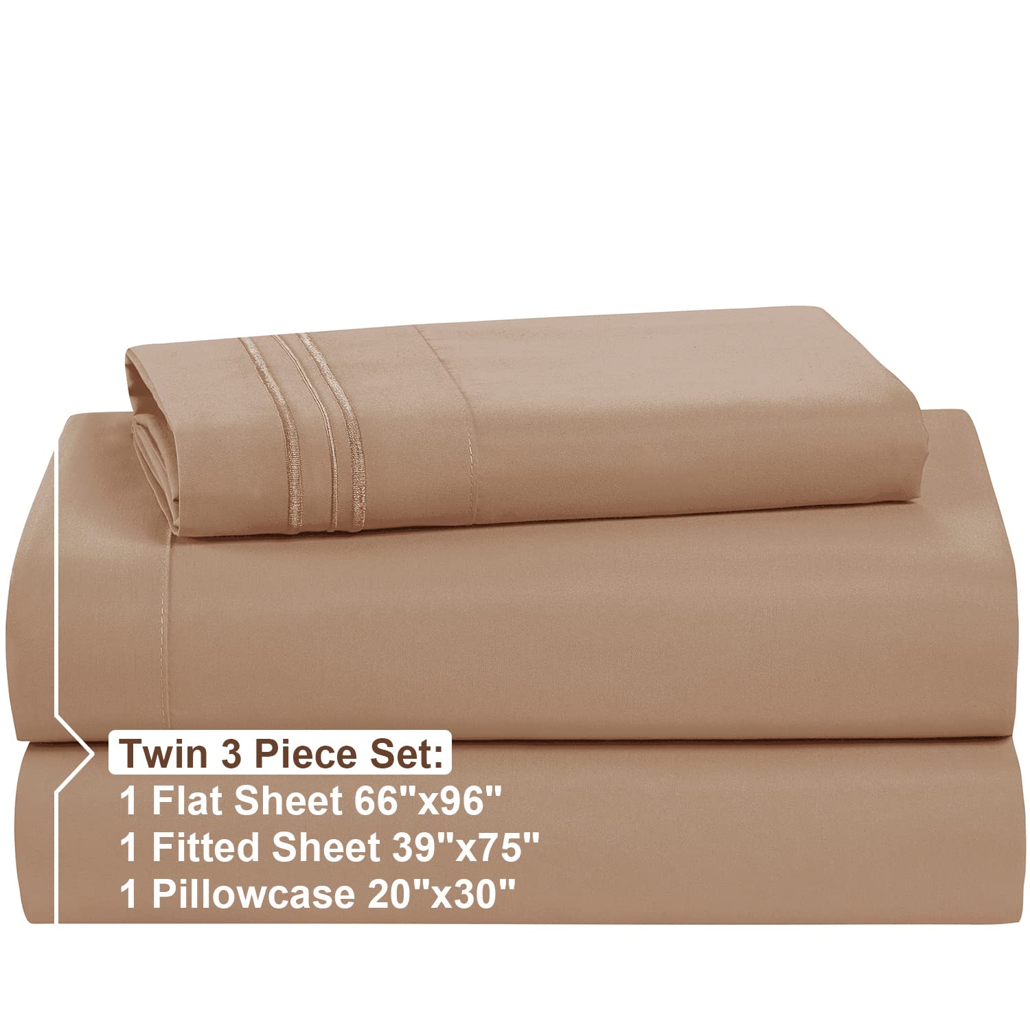 Nestl Kids Deep Pocket Twin Sheets - 3 Piece Twin Size Bed Sheets With Fitted Sheet, Flat Sheet, Pillow Case - Extra Soft Bedsheet Set With Deep Pockets For Twin Size - Taupe