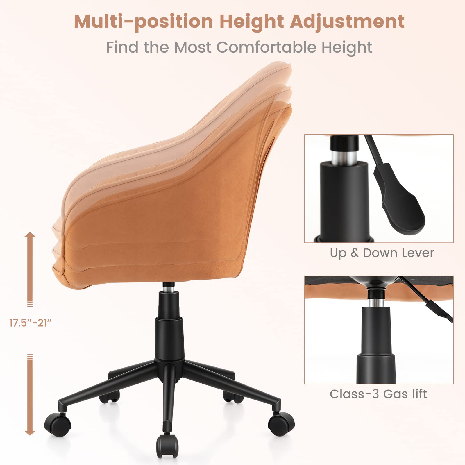 Costway Leather Home Office Chair, Adjustable Rolling Leisure Accent Chair With Ergonomic Arms & Backrest, Upholstered Mid-Back Computer Desk Chair For Home Office Living Room Study