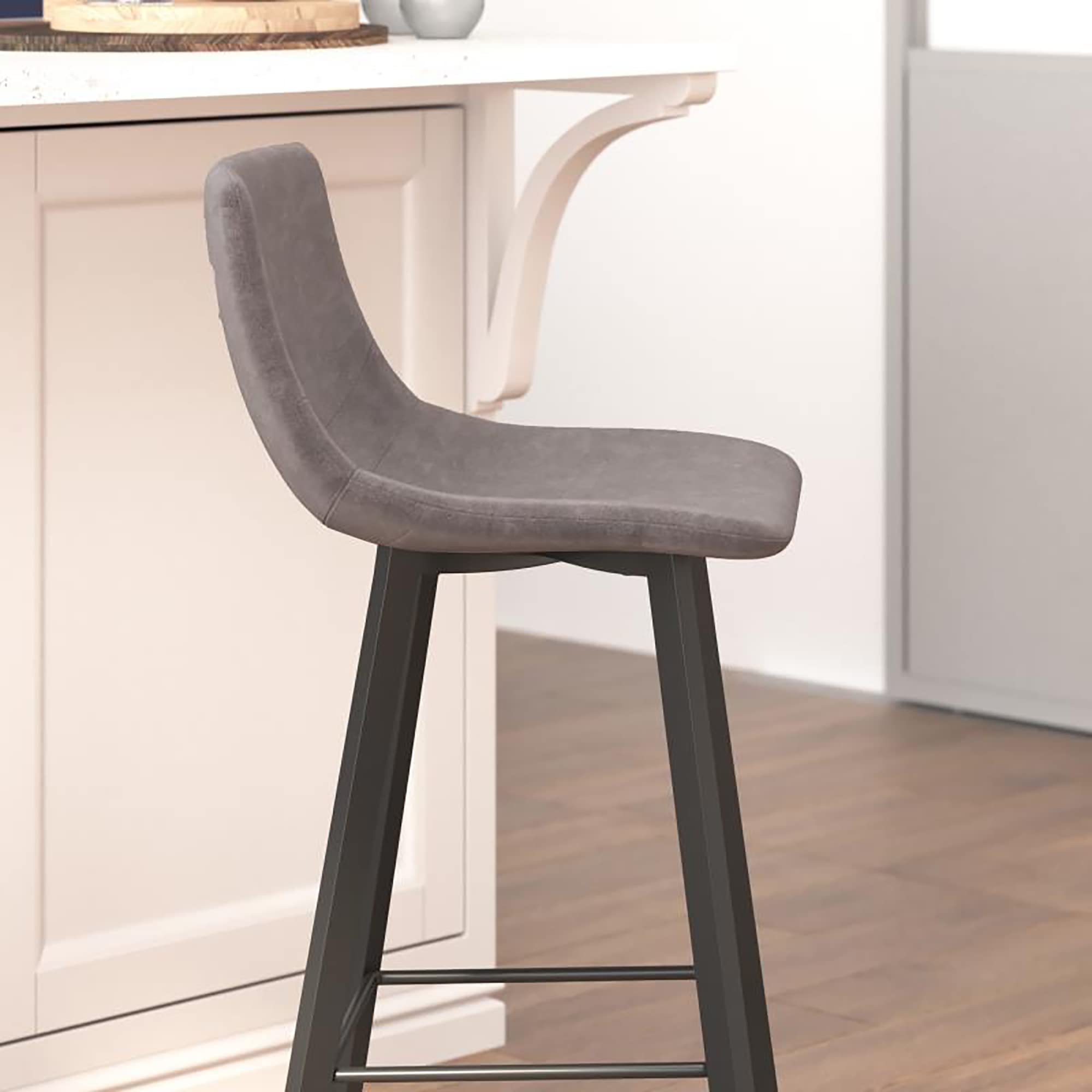 Flash Furniture Caleb Modern Commercial Barstools with Footrests - Gray LeatherSoft -30 Inch - Black Matte Iron Frame - Armless - Set of 2