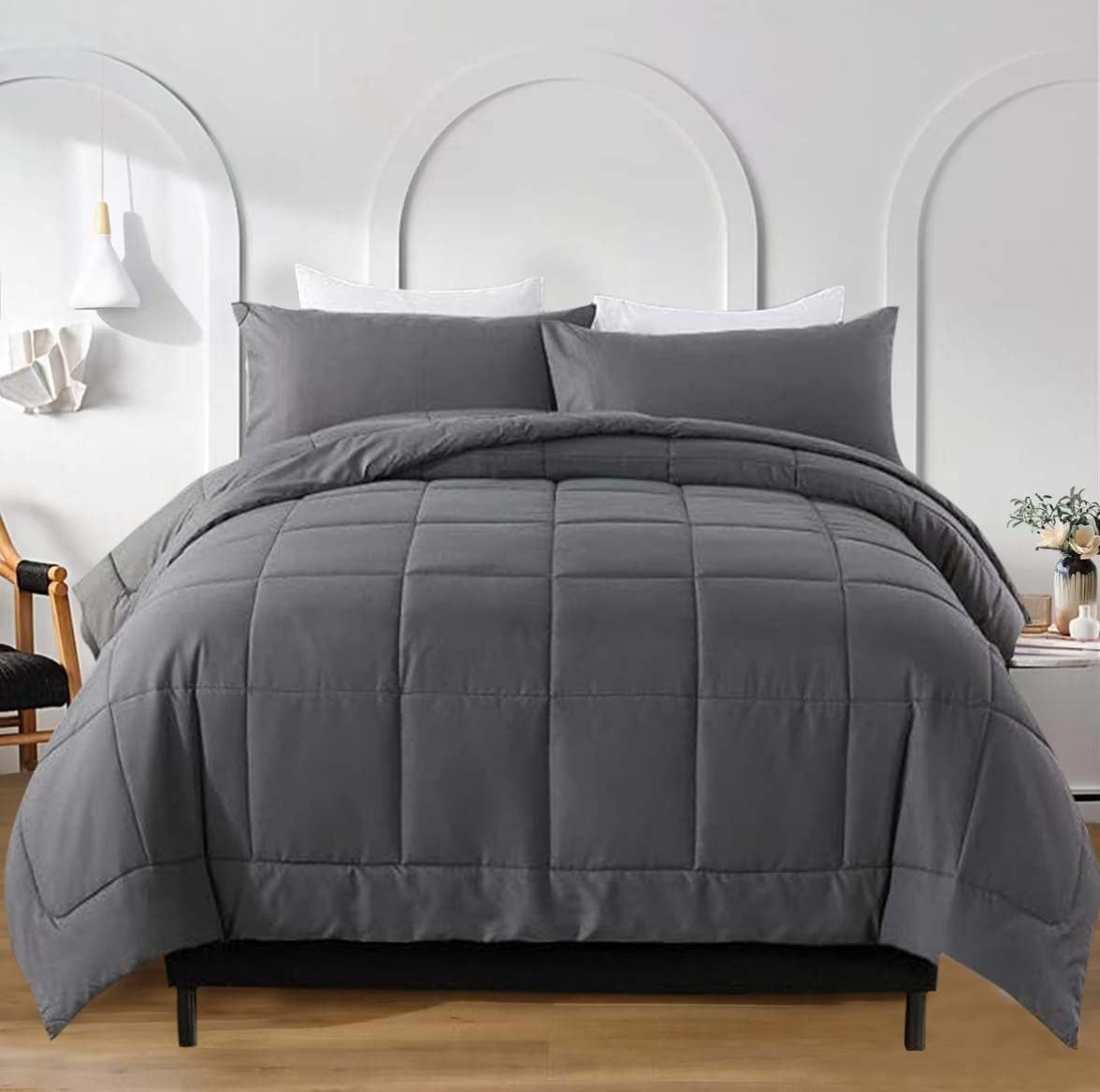 Sdiii 3Pcs Gray Comforter Set Queen, Bed In A Bag Gray Queen Comforter Set, Fade Resistant, Hotel Luxury, Gray Comforter Queen O