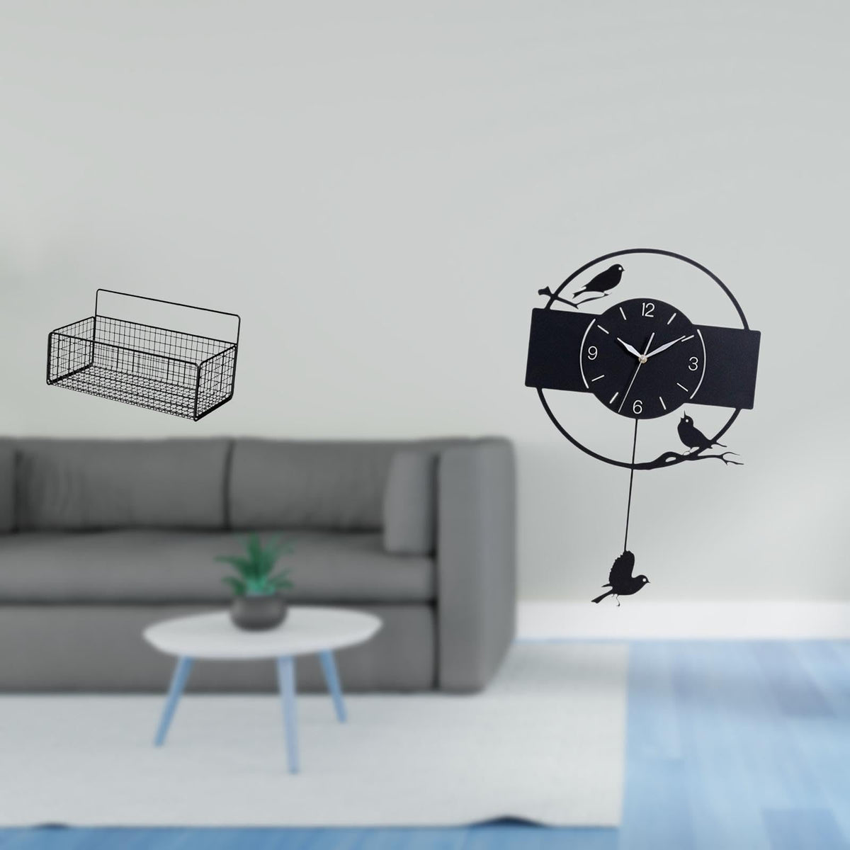 Enakshi Floating Metal Wall Organizer Basket And Minimalist Bird Art Clock Acrylic Decorative Hanging Shelf For Kitchen Bathroom