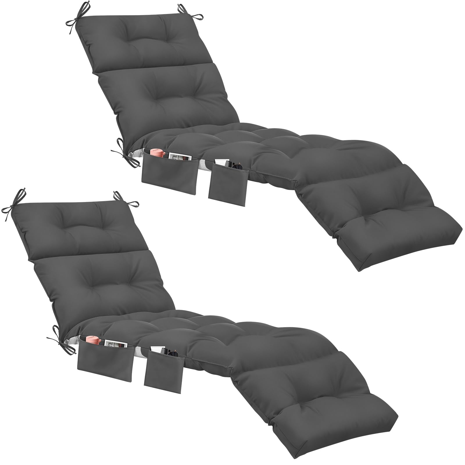 Kigley 2 Pcs Chaise Lounge Cushions With Side Pocket 74.5 X 22 X 4.7 Inches Tufted Patio Recliner Cushions Summer Seasonal Repla