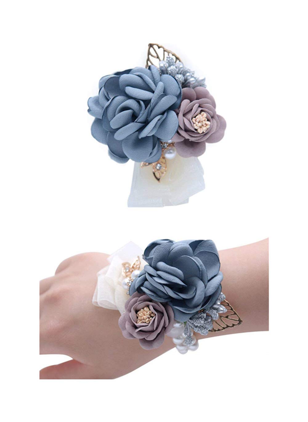 Flonding Rose Wedding Wrist Corsage and Boutonniere Set Party Prom Hand Ribbon Flower Suit Decor (Gray Blue)