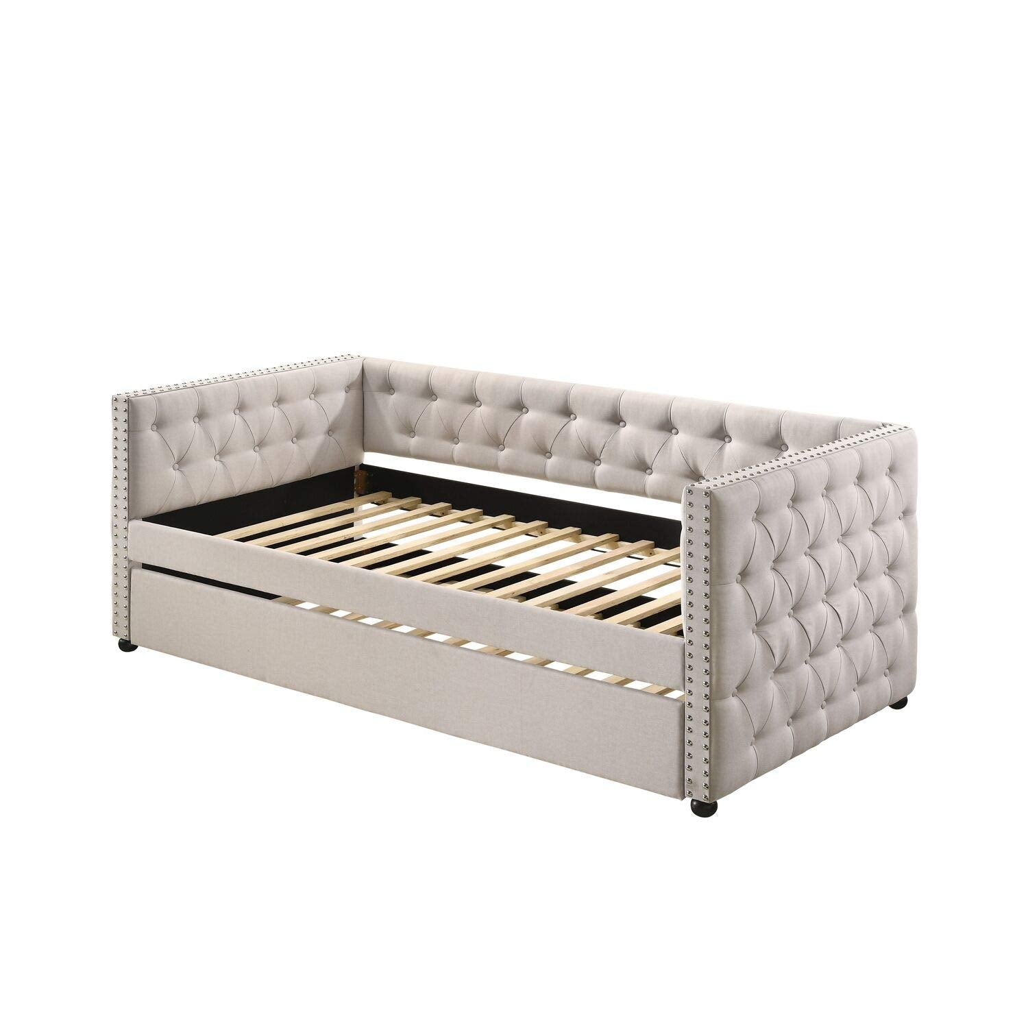 Acme Romona Button Tufted Fabric Upholstered Full Daybed and Trundle in Beige