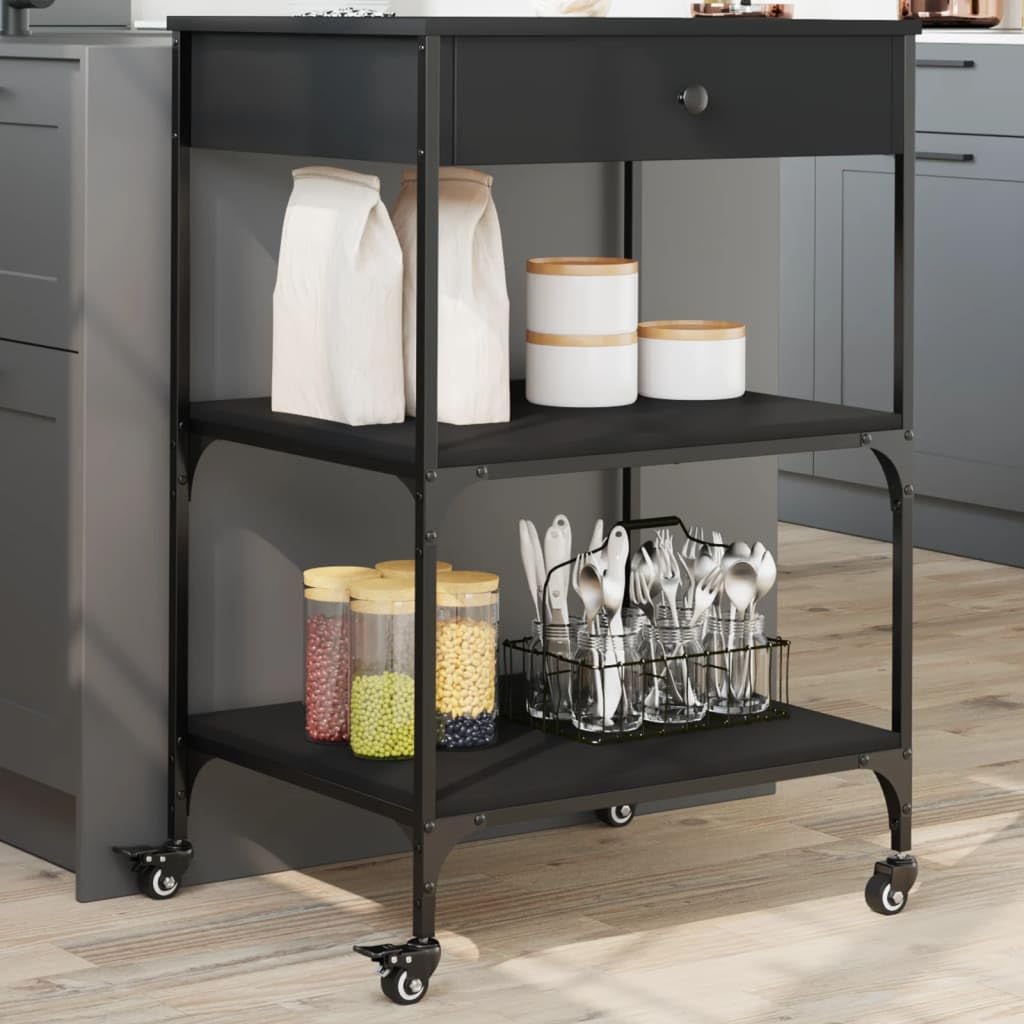 vidaXL Kitchen Trolley in Black - Engineered Wood with Steel Frame, Multiple Shelves and Lockable Wheels, Versatile Organizer for Home Storage 23.6x18.9x35.2