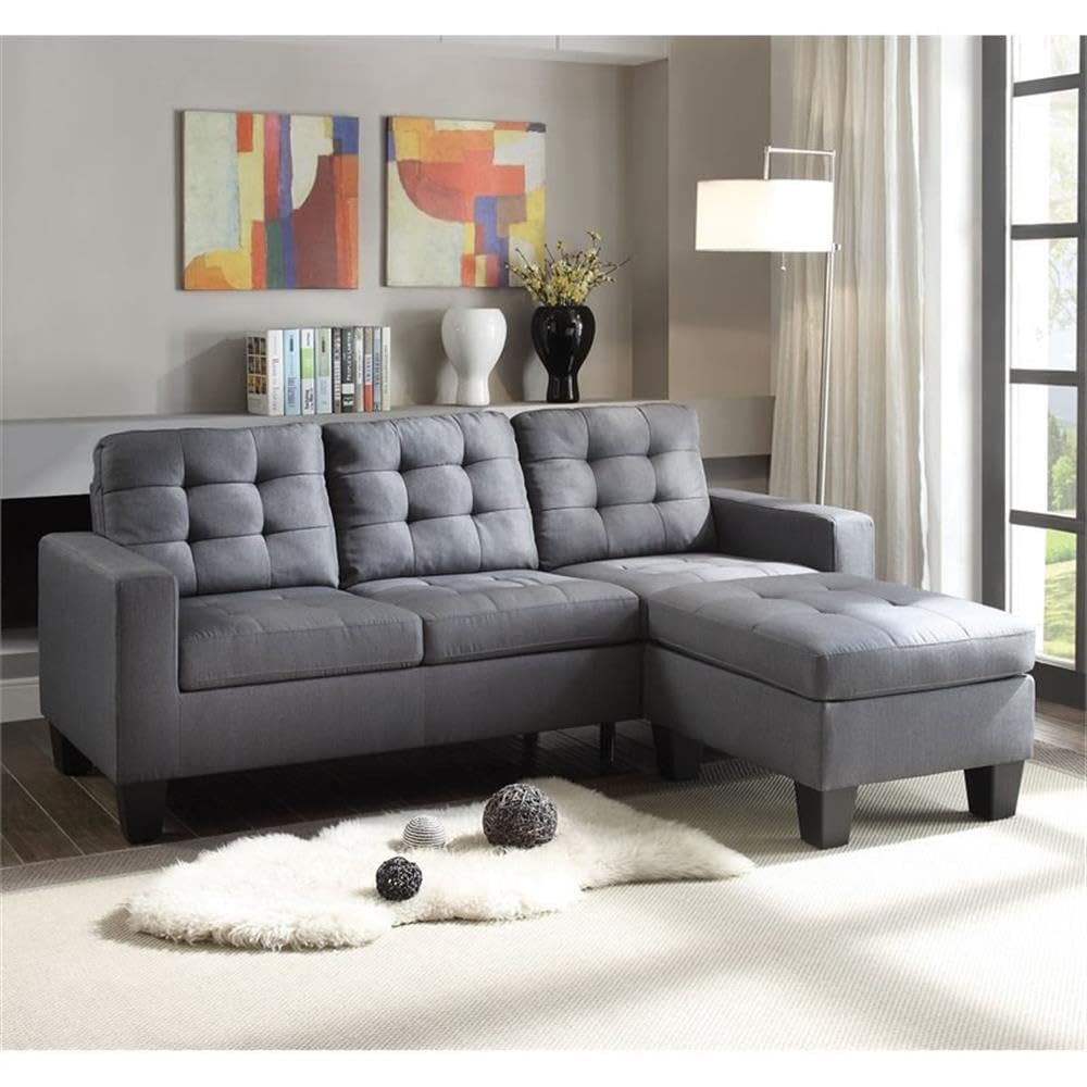 Acme Earsom Linen Fabric Tufted Back Sectional Sofa in Gray
