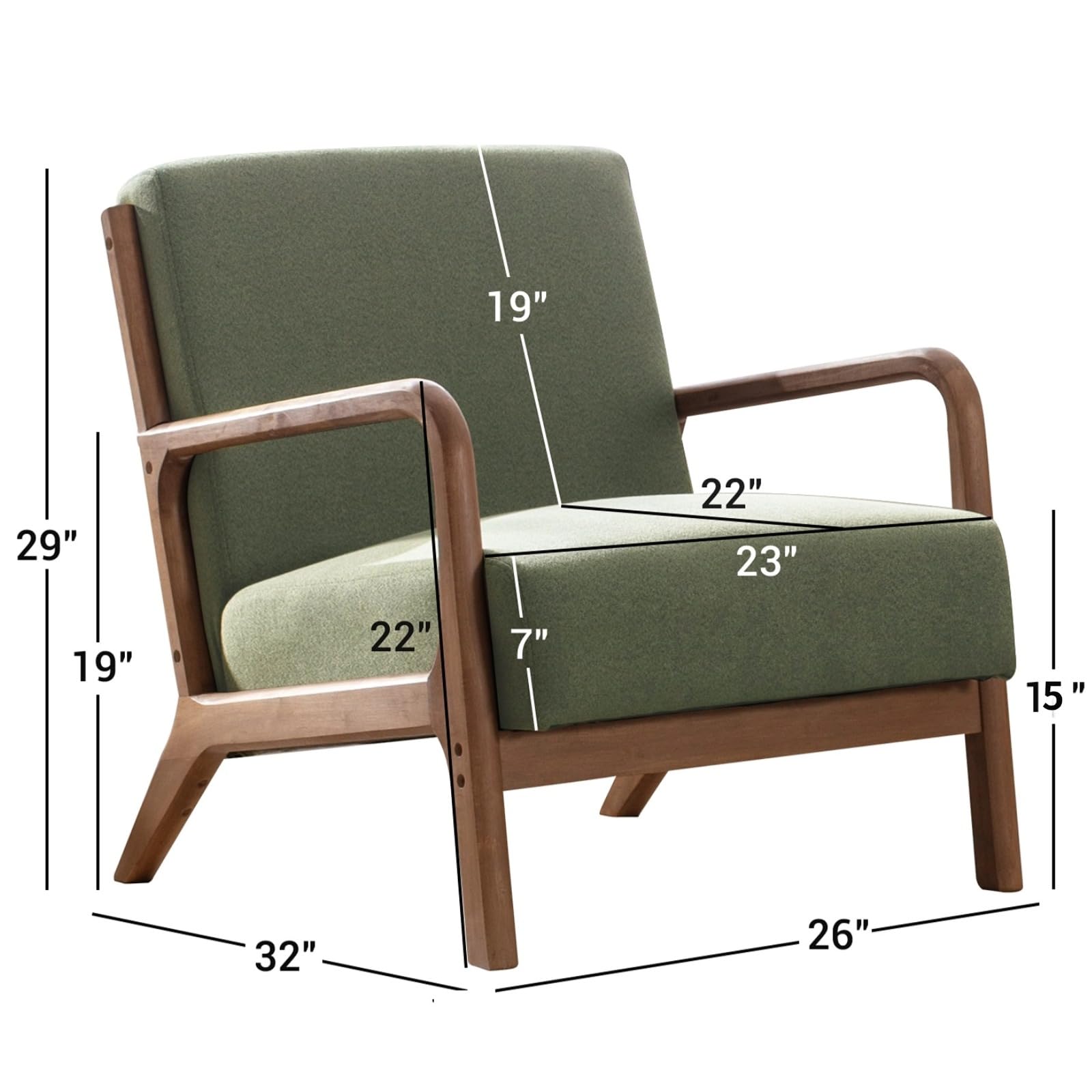 Anjhome Mid Century Modern Accent Chair, Comfy Fabric Reading Chair With Solid Wood Frame, Easy Assembly Armchair For Living Room Blackish Green