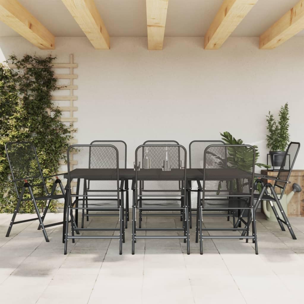 vidaXL Garden Dining Set 9 Piece, Table and Chairs for Patio Terrace, Outdoor Dining Set for 8, Armchair, Industrial Style, Anthracite Metal Mesh