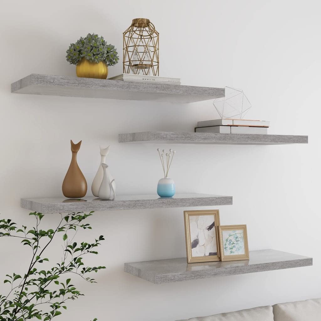 vidaXL 4 pcs Functionally Decorative Floating Wall Shelves - Concrete Gray MDF and Metal Frame, 31.5&quot;x9.3&quot;x1.5&quot;, Invisible Mounting System