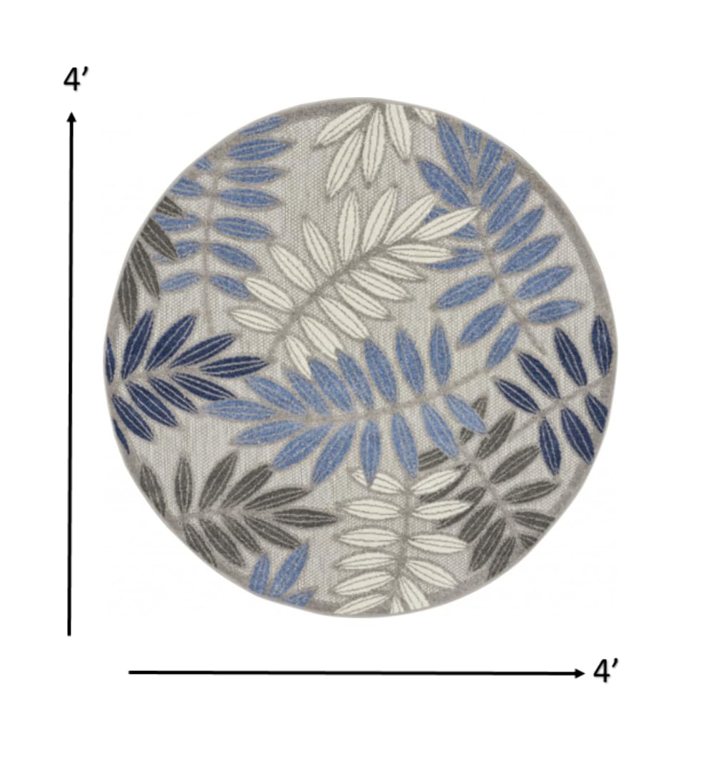 HomeRoots 4' Round Blue and Gray Round Floral Indoor Outdoor Area Rug