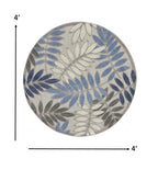HomeRoots 4' Round Blue and Gray Round Floral Indoor Outdoor Area Rug