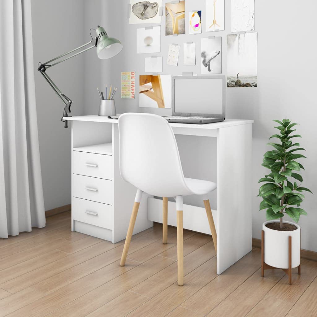 FAMIROSA Computer Desk with Drawers, Work Study Computer Writing Desk with 3 Storage Drawers and an Open Compartment, Home Office Desk for Home Office Study Bedroom, Chipboard, White