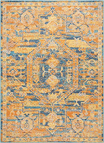 HomeRoots Teal/Sun 100% Polypropylene 4’ x 6’ Gold and Blue Antique Area Rug