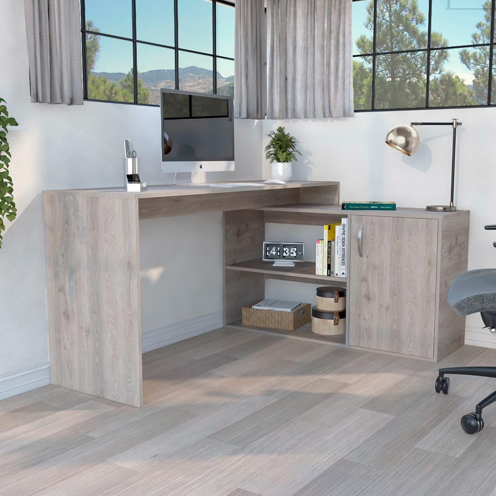 L-Shaped Desk Desti, Single Door Cabinet - Light Gray