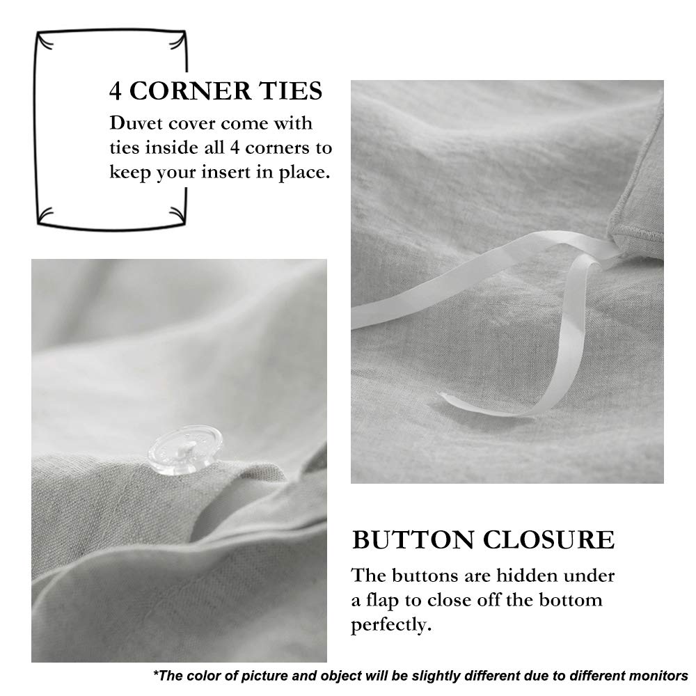 Simple&Opulence 100% Linen Duvet Cover Set With Embroidery Border Washed - 3 Pieces (1 Duvet Cover With 2 Pillow Shams) With Button Closure Soft Breathable Farmhouse - Light Grey, Full Size