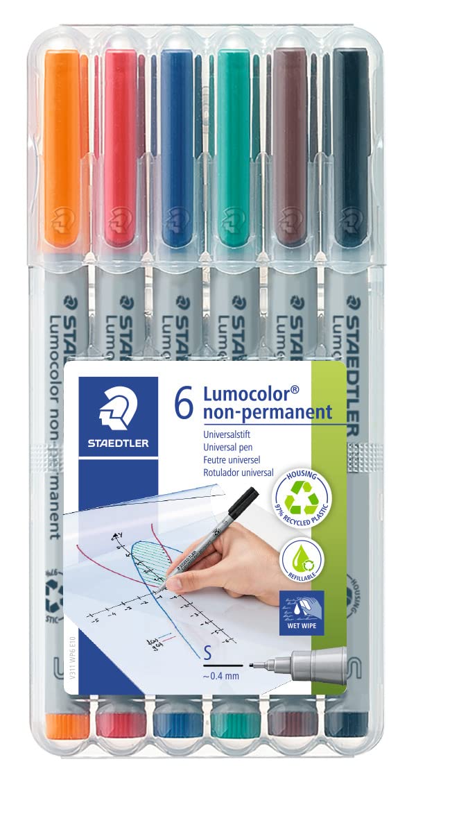 Staedtler Lumograph Non-Permanent Wet Erase Marker Pen, Extra Fine Tip, Low Odor Colored Markers, 6-Pack Assorted Colors, 311-Wp