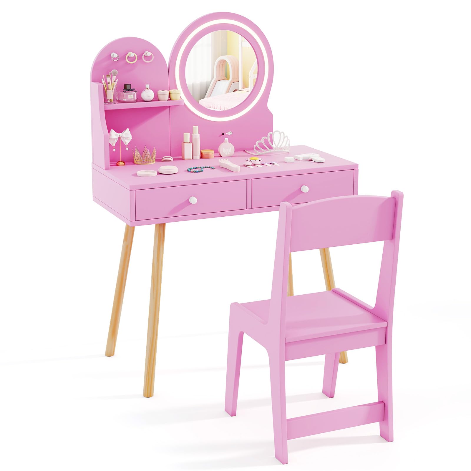 HONEY JOY Kids Vanity, Little Girls Vanity Set with Mirror and Stool and Lights, Drawers, Toddler Makeup Vanity Dressing Table, 