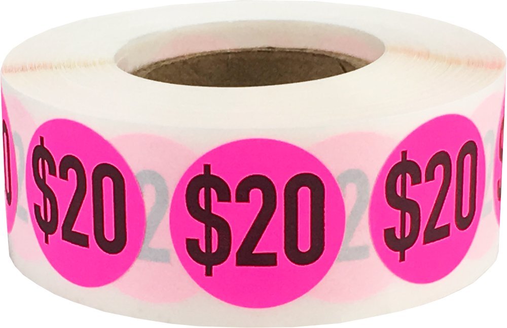 $20 Price Stickers Fluorescent Pink .75 Inch Round Circle Dots 500 Total Adhesive Stickers