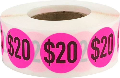 $20 Price Stickers Fluorescent Pink .75 Inch Round Circle Dots 500 Total Adhesive Stickers