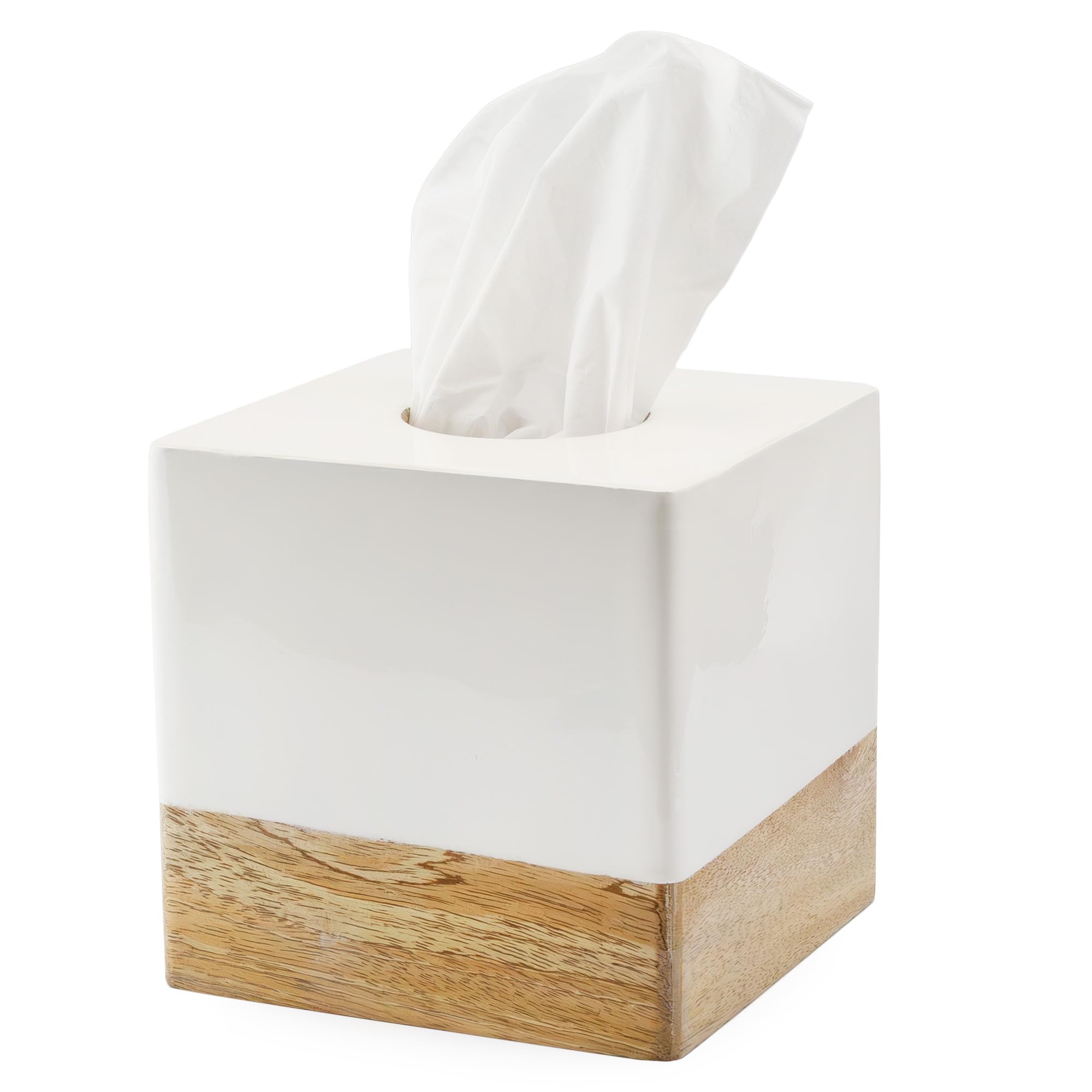 AuldHome Design Rectangular Tissue Box Cover (Enamel/Mango Wood); Minimalist Scandinavian Decor White Oblong Tissue Holder
