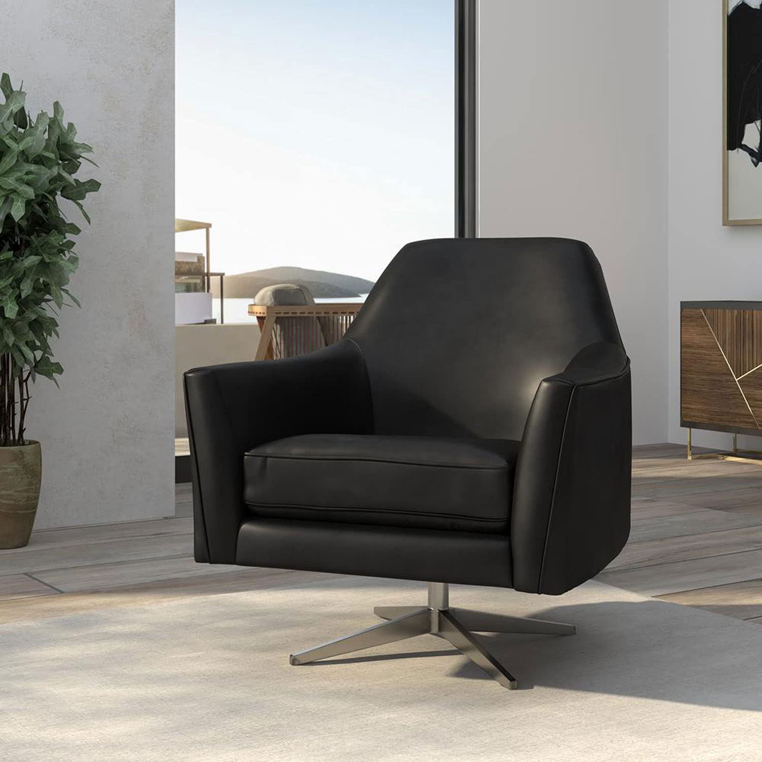 Comfort Pointe Phoenix Black Faux Leather Mid-Century Style Swivel Arm Chair