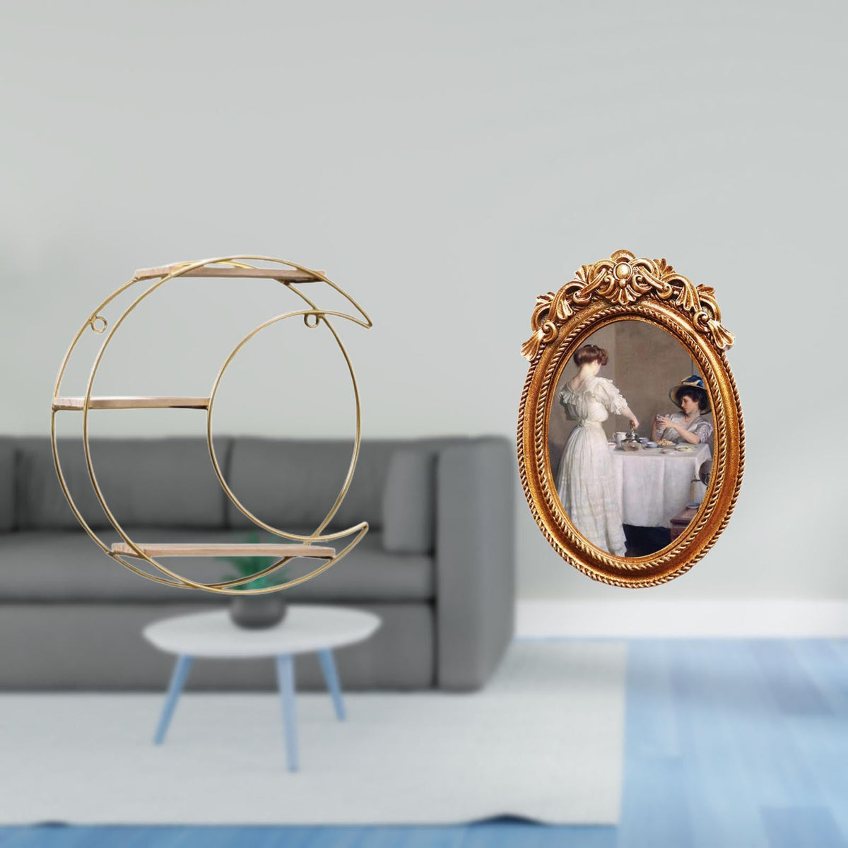 Enakshi Modern Multifunctional Wall Shelf With Ornate Resin Photo Frame Display Space Saving Decorative Collectibles Trophy Hold