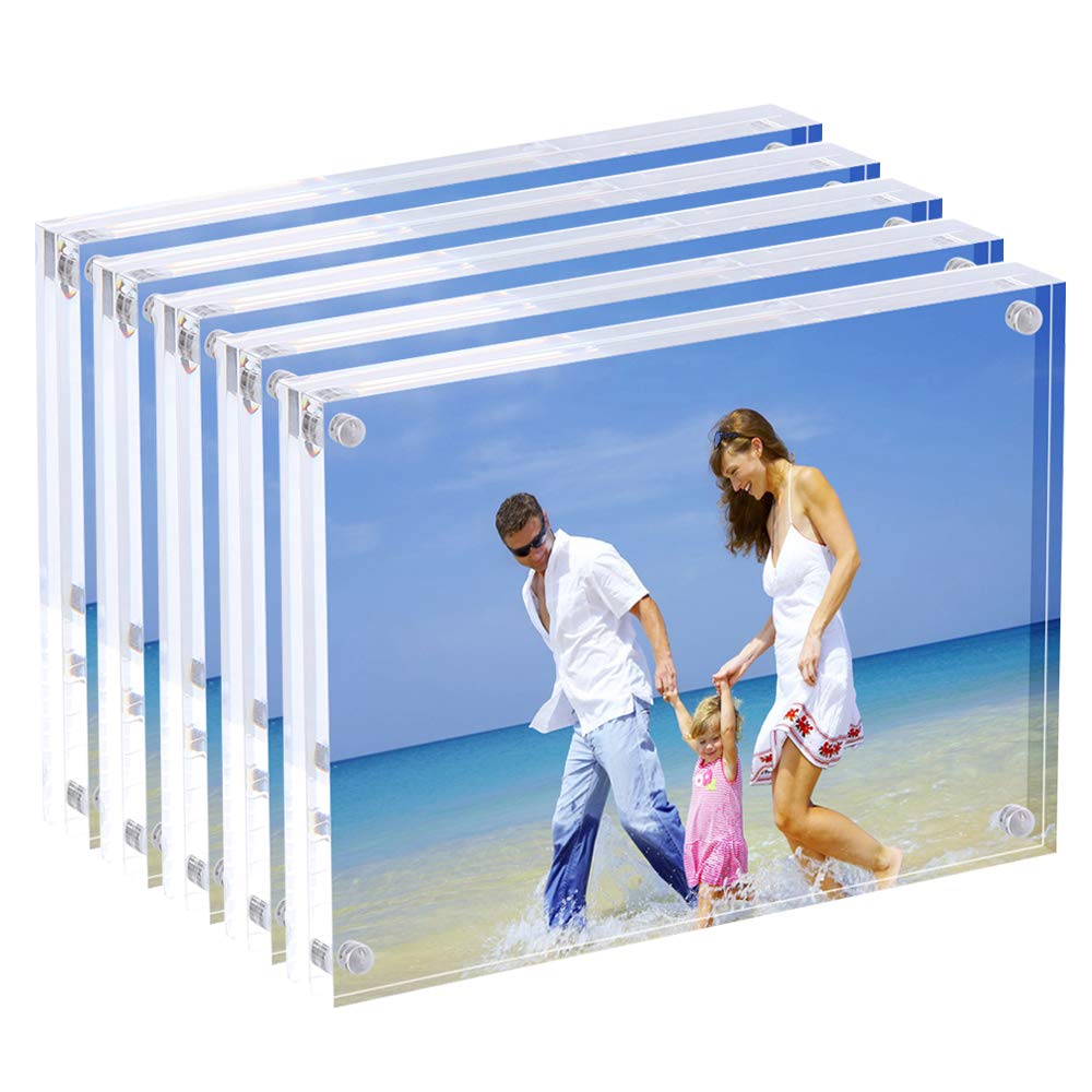 AMEITECH 5x7 Acrylic Photo Frame, Magnetic Picture Frames, 10 + 10MM Thickness Stand in Desk Table, Clear (5 Pack)
