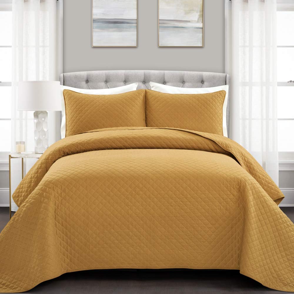 Lush Decor Ava Quilt Diamond Pattern Solid 3 Piece Oversized Bedding Blanket Bedspread Set - Full/Queen - Mustard