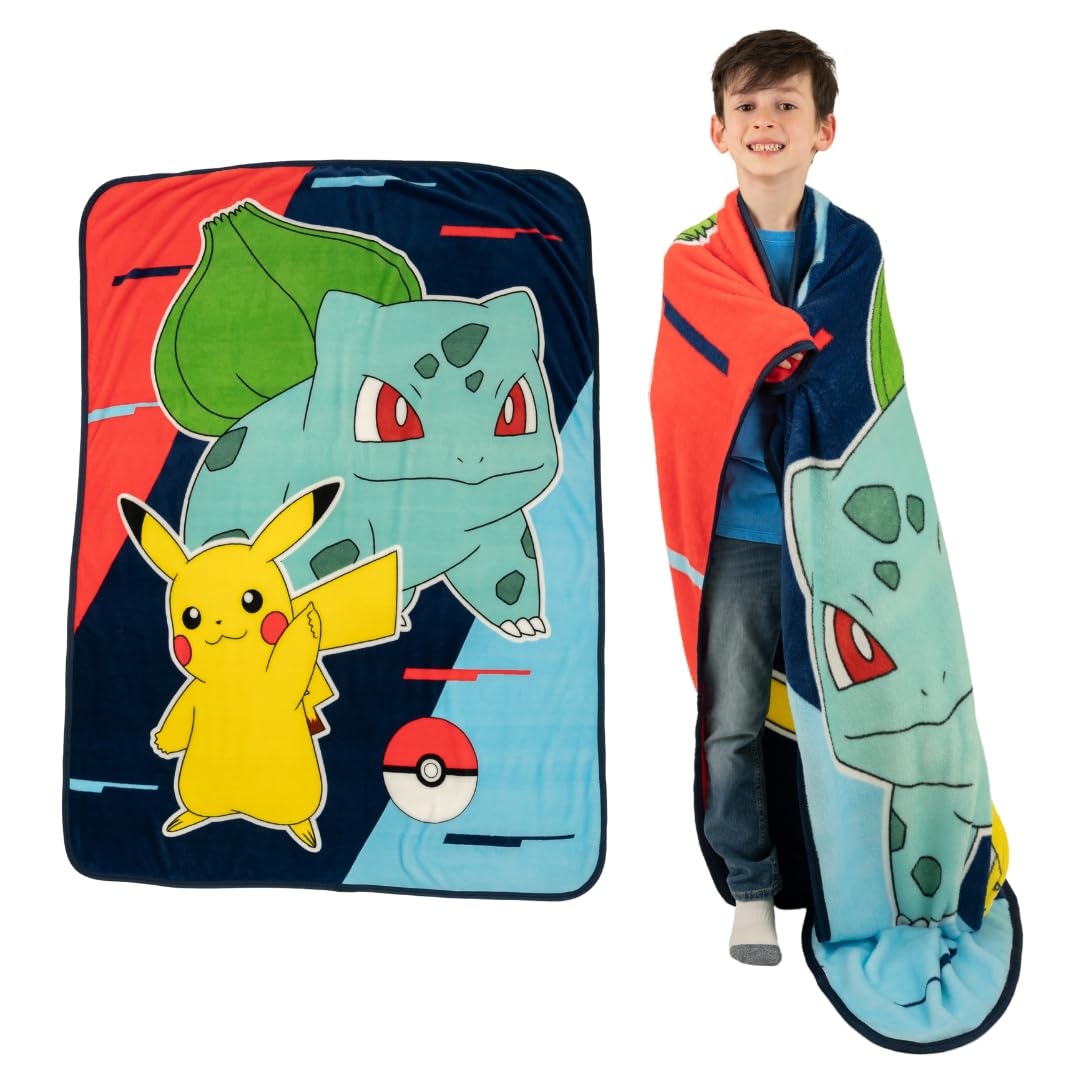 Franco Pokemon Anime Pikachu And Bulbasaur Kids Bedding Super Soft Micro Raschel Throw, 46 In X 60 In, (Official Licensed Produc
