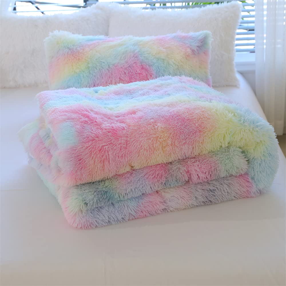 Chovy Faux Fur Plush Tie-Dyed Pink Comforter Sets Twin/Full Size - Ultra Soft Shaggy Flannel Velvet Fluffy Fuzzy 3Pc Bedding Set