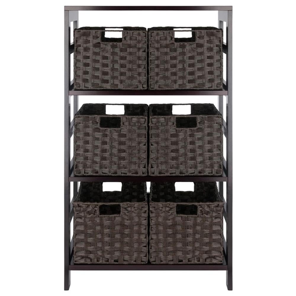 Winsome Leo 3-Tier Wide Storage Shelf with 6 Foldable Woven Baskets, for Living Room, Home Office, Bedroom, Espresso