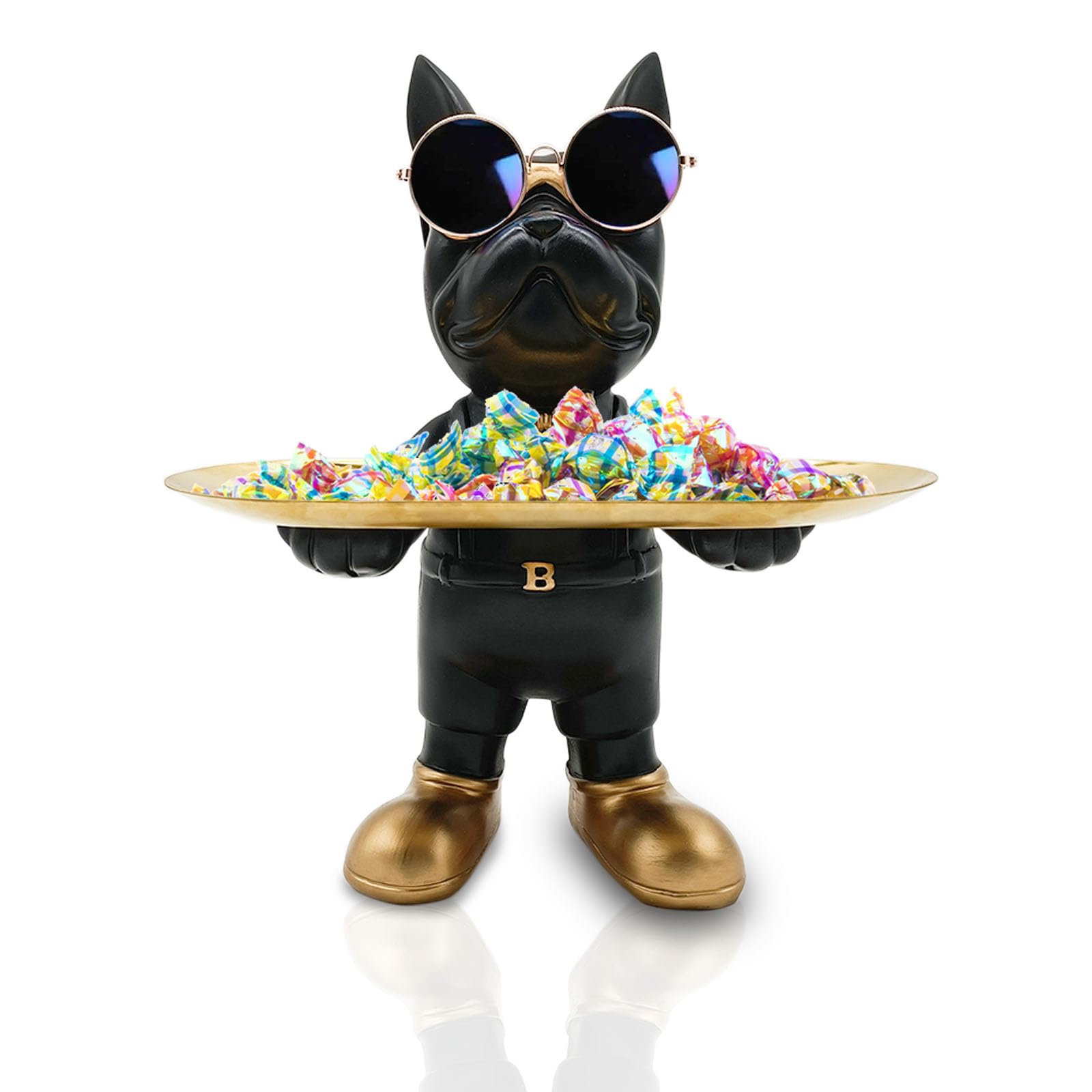Huhote Bulldog Tray Statue, Standing Bulldog Candy Dish Key Holder Bowl, Bulldog Accessories, Resin Statues for Office Desk Home