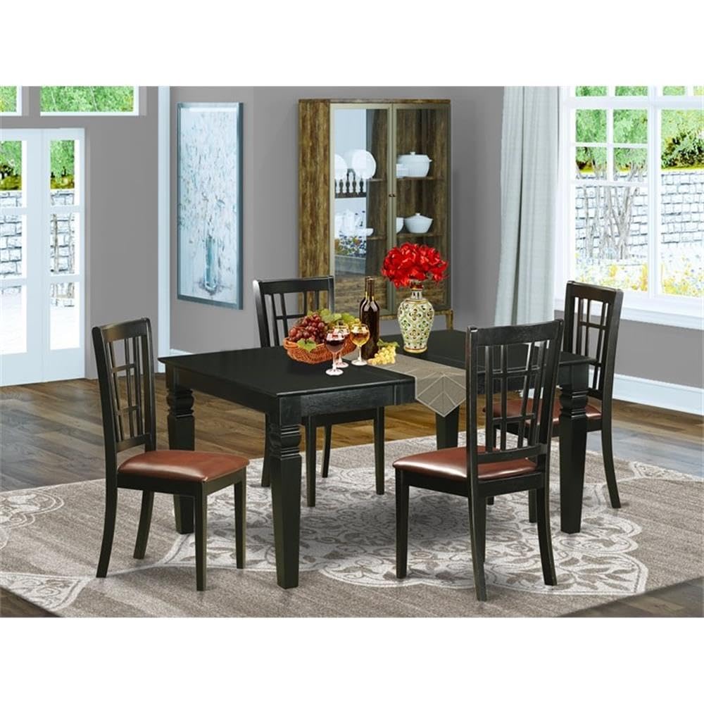 East West Furniture WENI5-BLK-LC 5 Piece Dinette Set Includes a Rectangle Dining Room Table with Butterfly Leaf and 4 Faux Leather Upholstered Dining Chairs, 42x60 Inch, Black