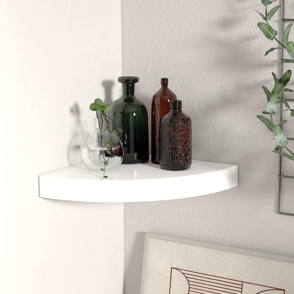 vidaXL High Gloss White Floating Corner Shelf 9.8"x9.8"x1.5" - Durable Honeycomb MDF and Metal Construction, Easy Installation Corner Wall Shelf