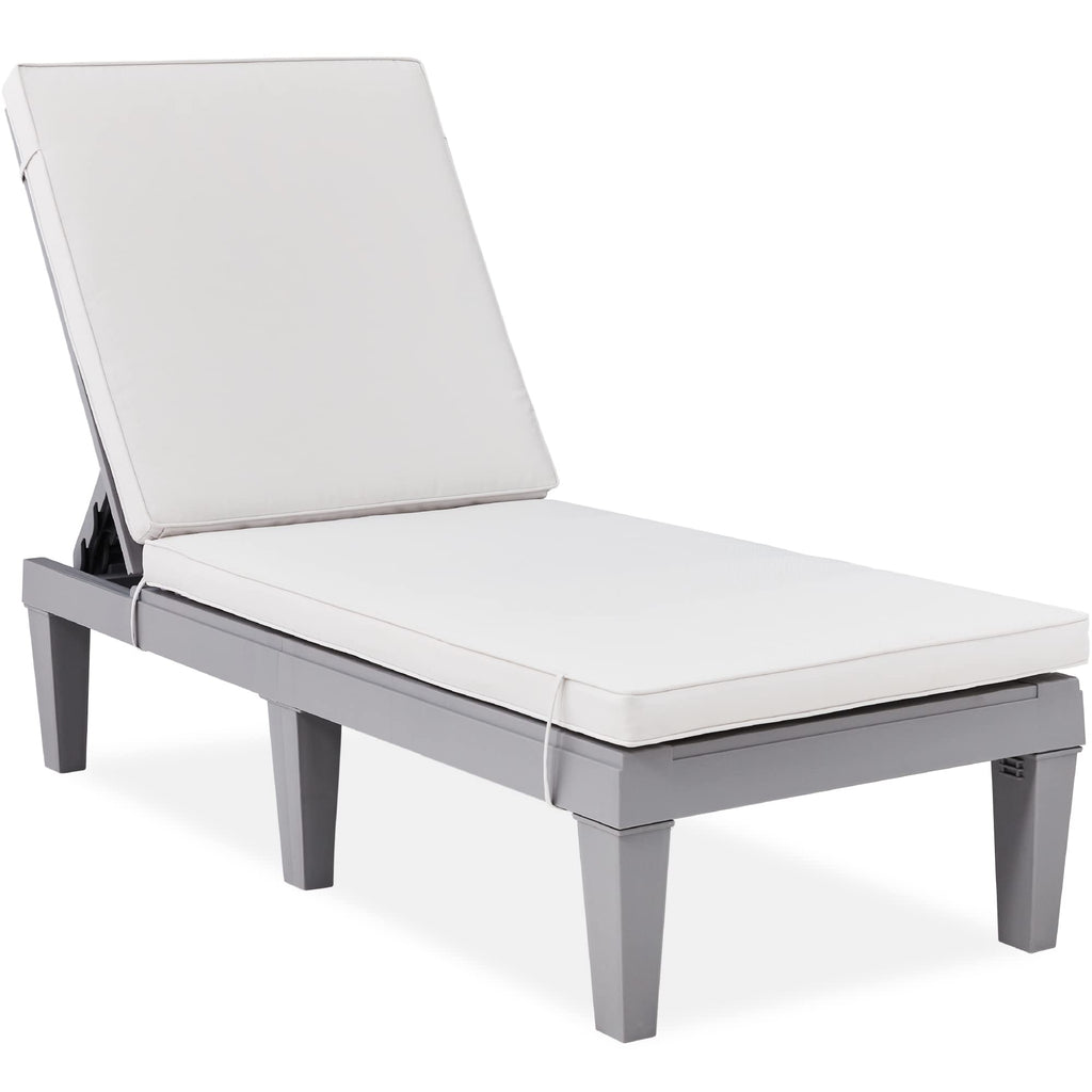 Best Choice Products Outdoor Lounge Chair, Resin Patio Chaise Lounger For Poolside, Backyard, Porch W/Seat Cushion, Adjustable Backrest, 5 Positions, 330Lb Capacity - Gray/White Sand