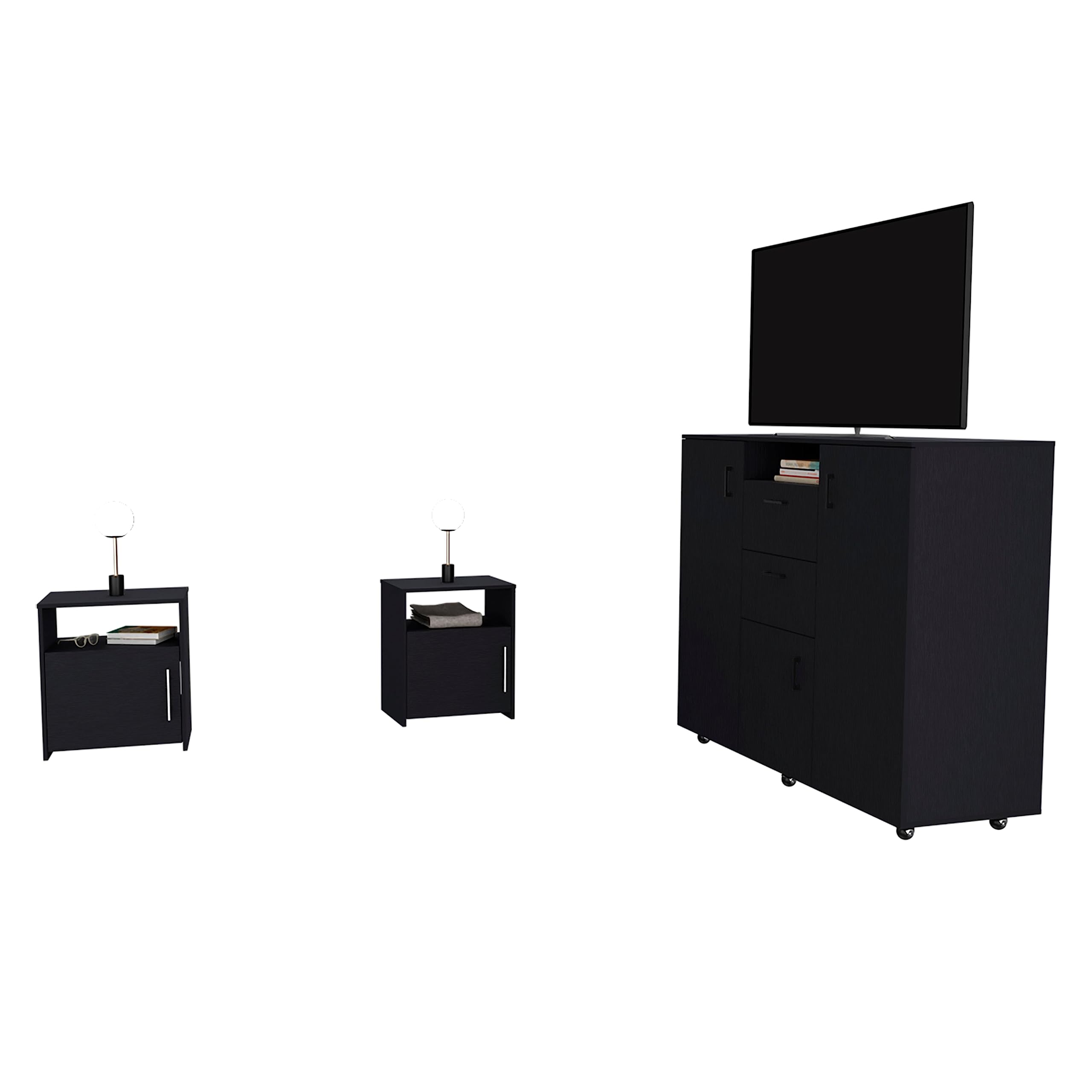 DEPOT E-SHOP Newport 3 Piece Bedroom Set, Cabinet Dresser + 2 Nightstands, Black
