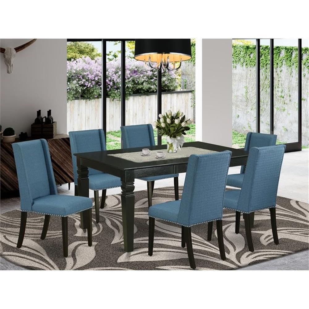 East West Furniture Wefl7-Blk-21 7 Piece Dinette Set Consist Of A Rectangle Dining Table With Butterfly Leaf And 6 Blue Linen Fabric Parson Dining Room Chairs, 42X60 Inch, Black