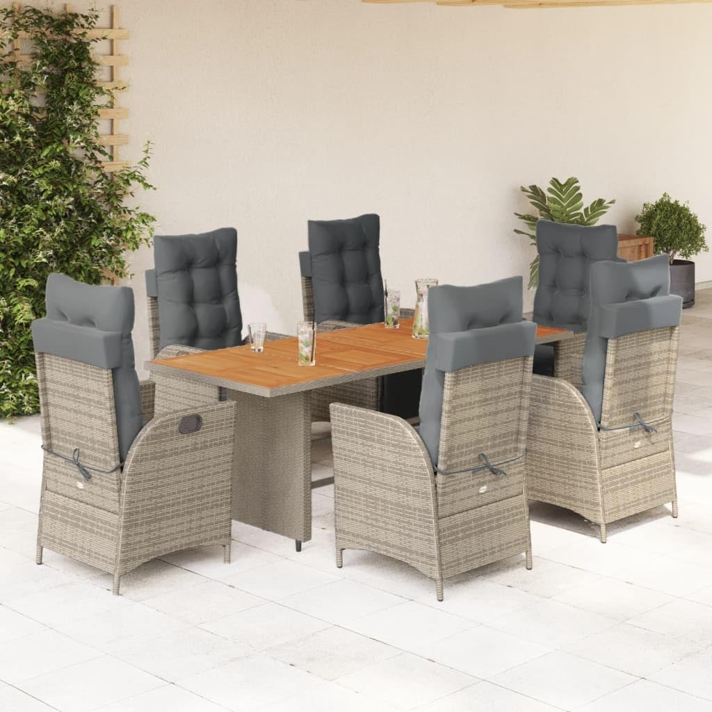 vidaXL 7 Piece Patio Dining Set - Adjustable Reclining Chairs, Removable Cushions & Acacia Wood Tabletop - Gray PE Rattan Furniture for Outdoor Garden/Backyard/Patio