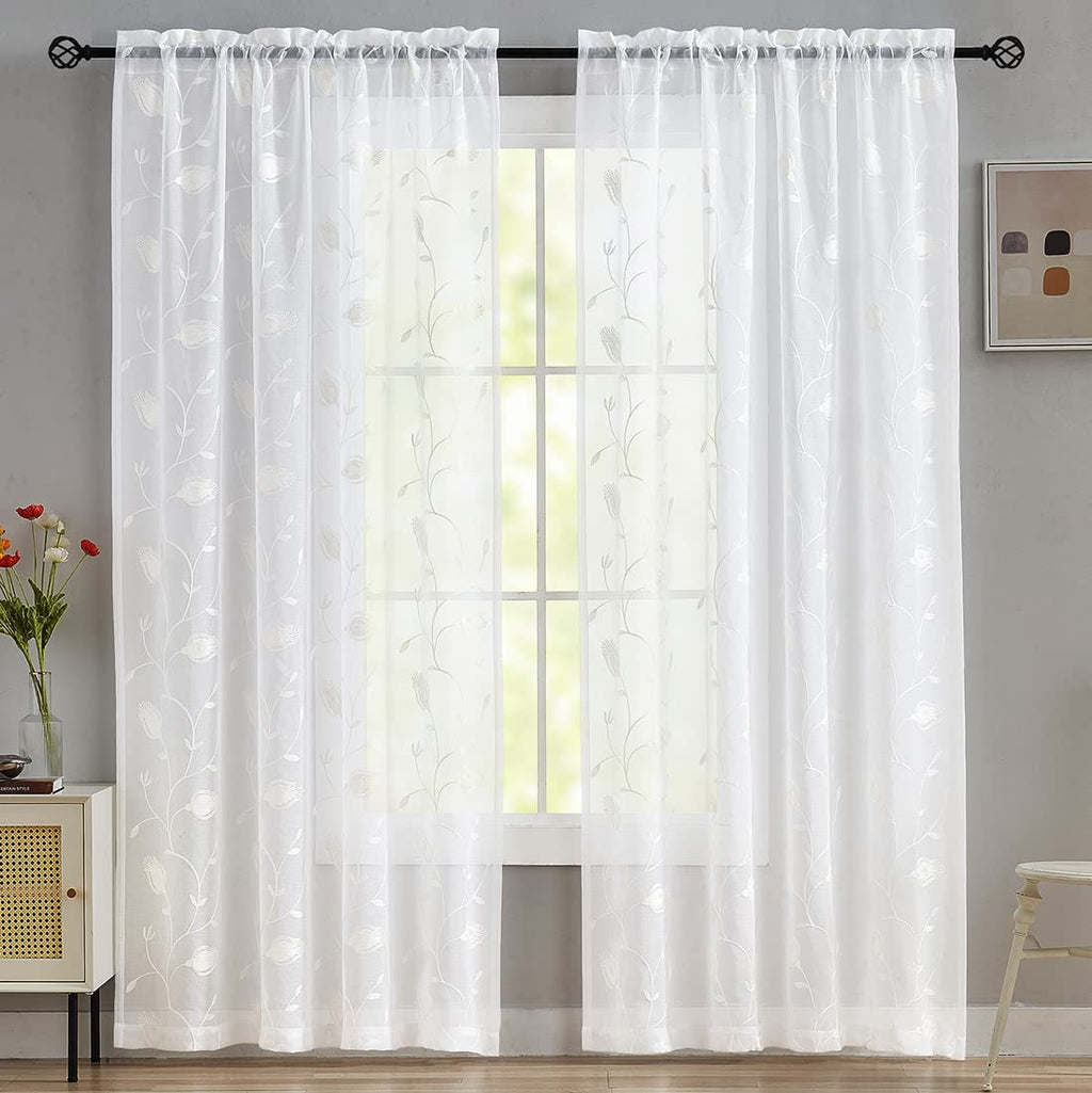 Embroidery White Tulip Sheer Curtains 84 Inches Long, Rod Pocket Sheer Drapes For Living Room, Bedroom, 2 Panels, 52''X 84'', Se