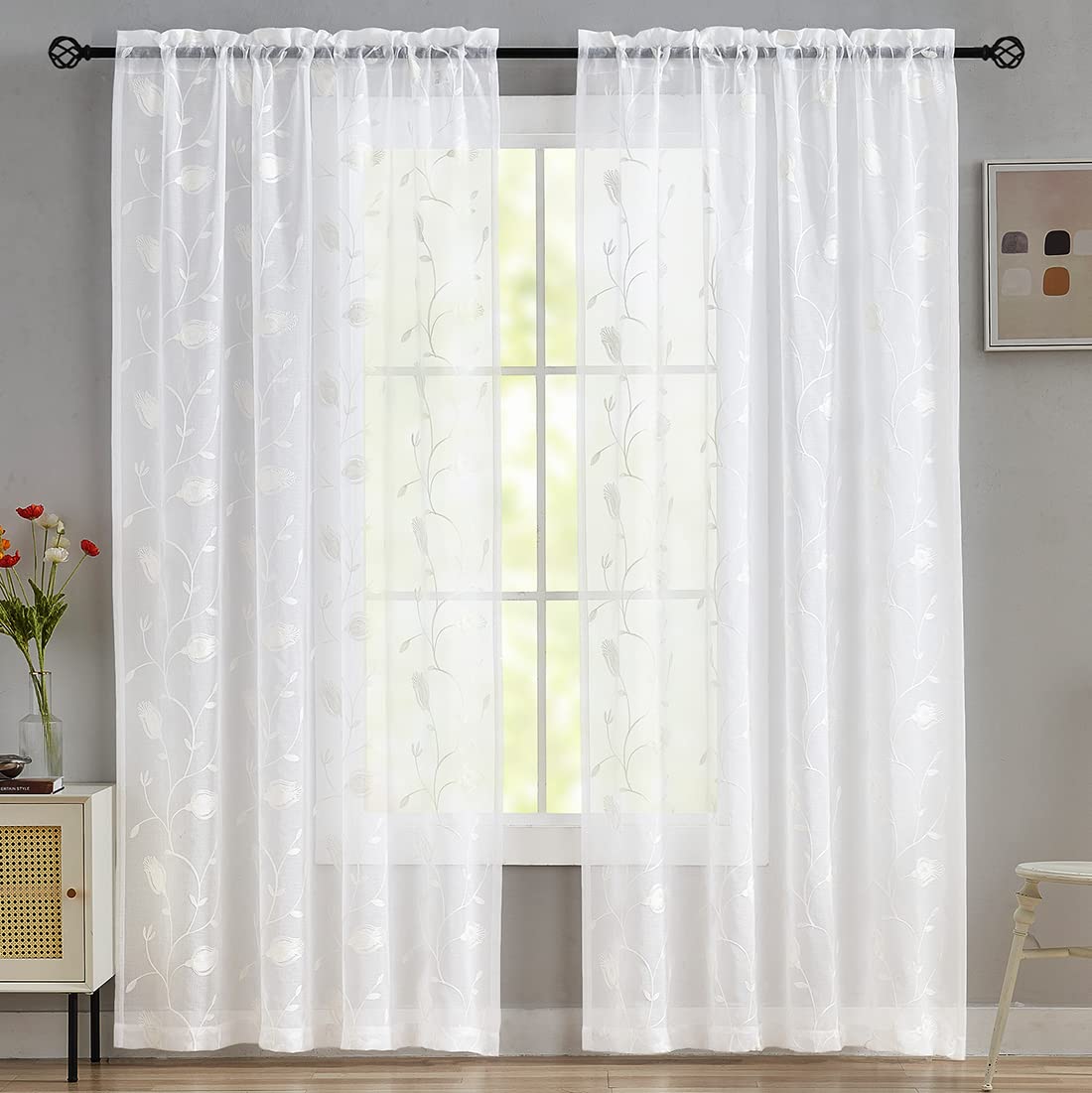Embroidery White Tulip Sheer Curtains 84 Inches Long, Rod Pocket Sheer Drapes For Living Room, Bedroom, 2 Panels, 52''X 84'', Se