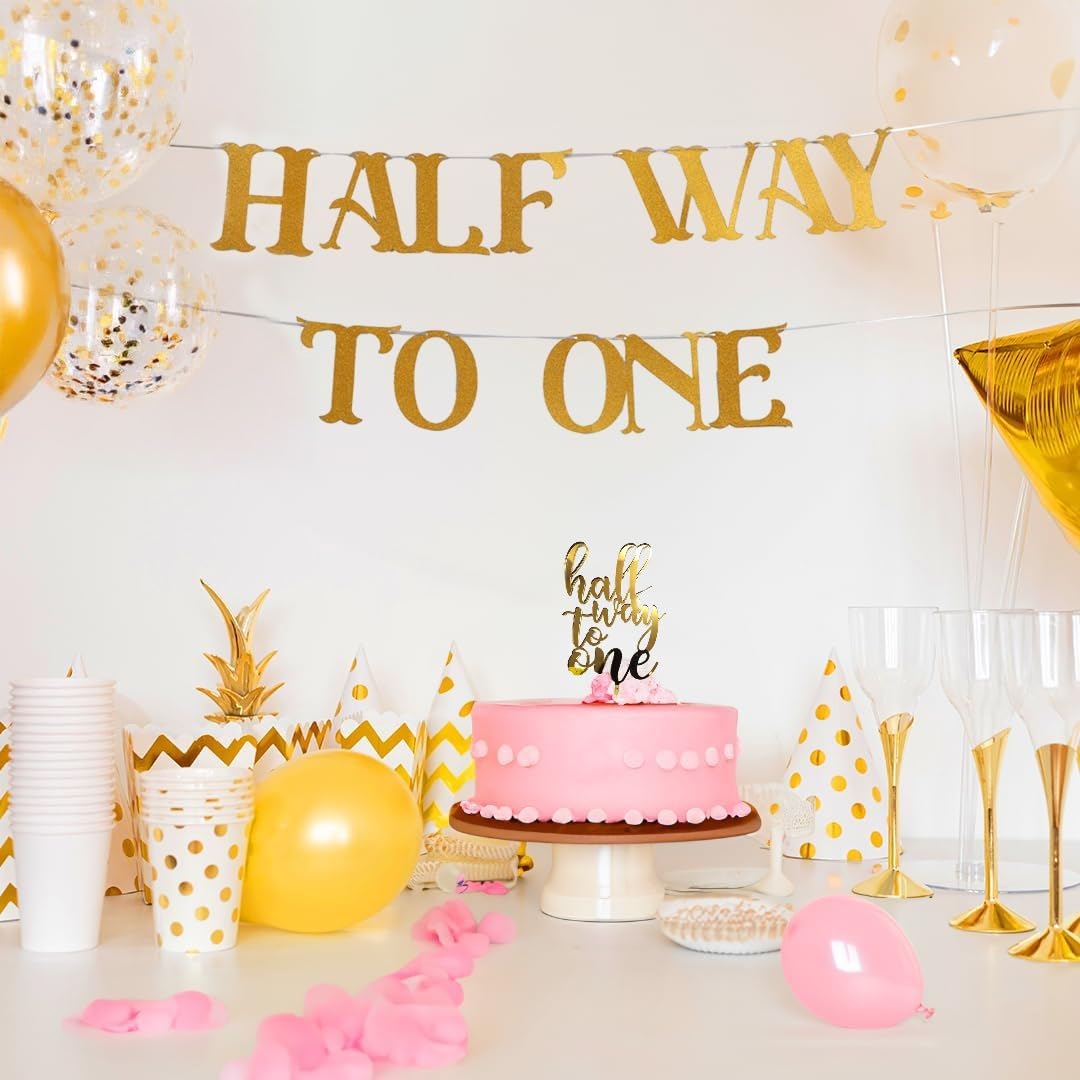 The Banner Company Halfway To One Birthday Party Set | Golden Confetti Balloons, Chrome Balloons, Banner & Cake Topper For Half 